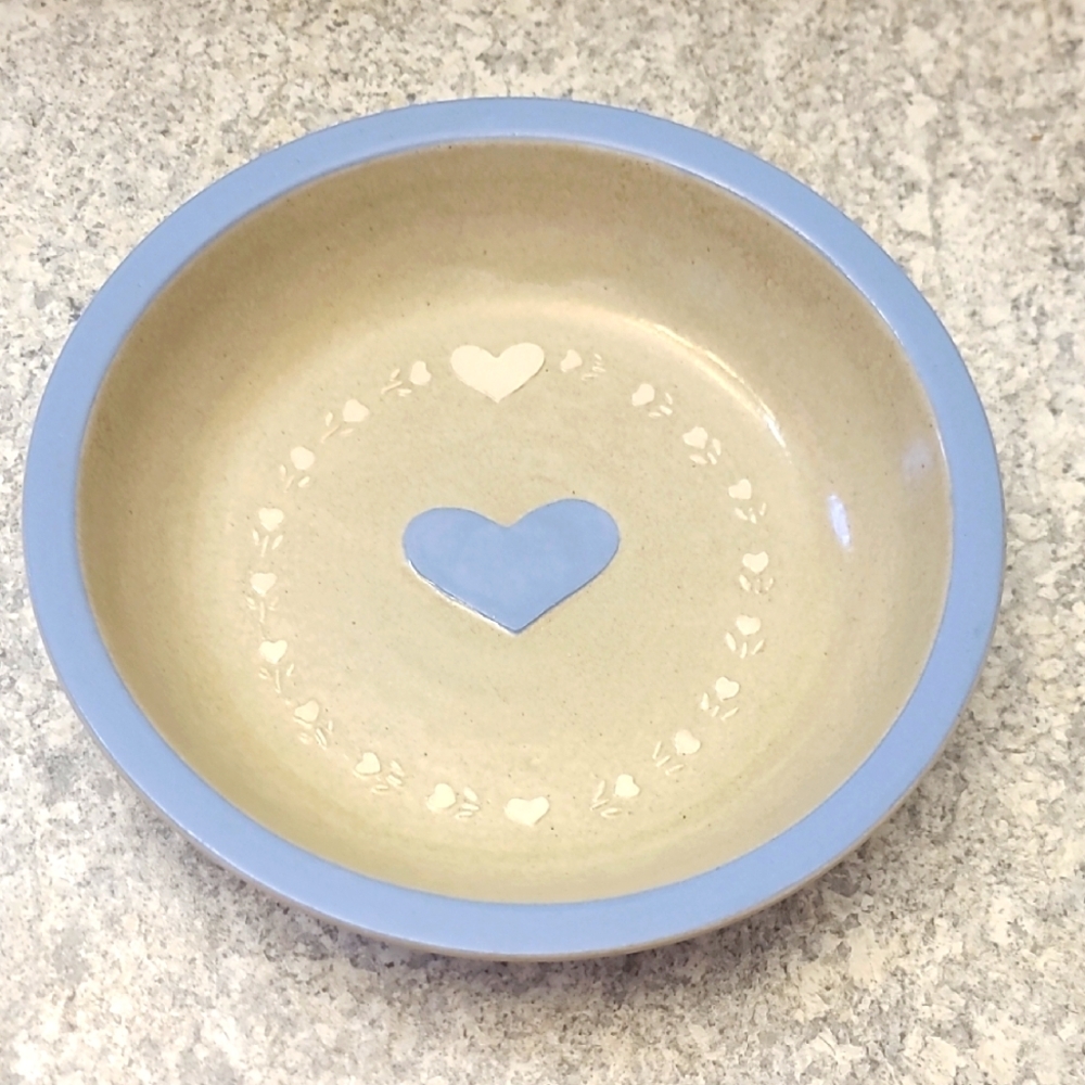 Studio Pottery Blue and Cream Heart Design Pie Plate Bowl